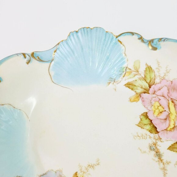 Antique Shabby Chic Porcelain Blue Shell Pink Floral Bowl c1900-16 La Francaise - Picture 5 of 12